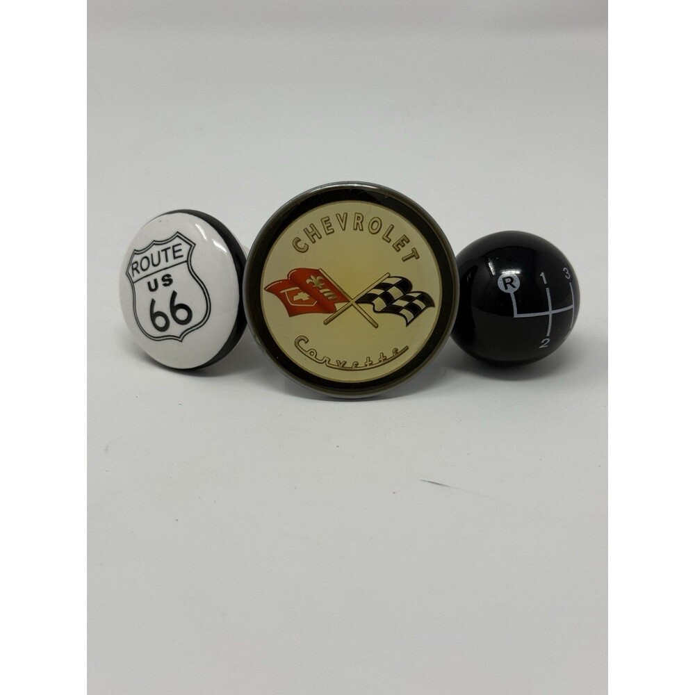 Set of 3 Car Themed Cabinet Knobs Drawer Pulls Route66, Corvette, Shift Knob